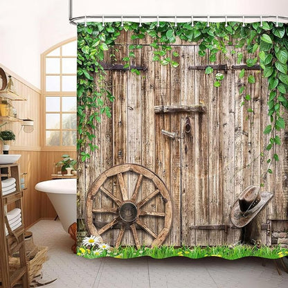 Rustic Farmhouse Country Barn Door Shower Curtain for Bathroom,Wood Board Plank Country Vintage Green Leaves Garage Cabin Decor Curtains,Wooden Wheel Boots Bath Curtains with Hooks 72X84IN