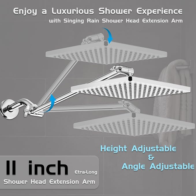 Rain Shower Head, 8'' High Pressure Rainfall Square ABS Showerhead with 11'' Shower Head Extension Arm, Stainless Steel Adjustable Shower Arm Extender, Rainfall Waterfall Fixed Showerheads, Chrome