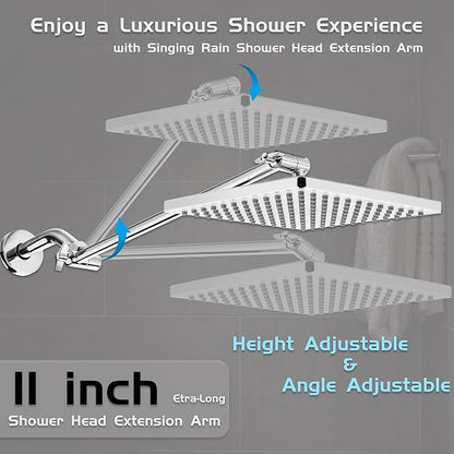 Rain Shower Head, 8'' High Pressure Rainfall Square ABS Showerhead with 11'' Shower Head Extension Arm, Stainless Steel Adjustable Shower Arm Extender, Rainfall Waterfall Fixed Showerheads, Chrome