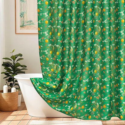 Green Floral Bird Shower Curtain 72x72, Hummingbird and Lemon Botanical Fabric Bath Curtains, Lightweight Quick-Dry Bathroom Decor Set with Hooks, Deep Green