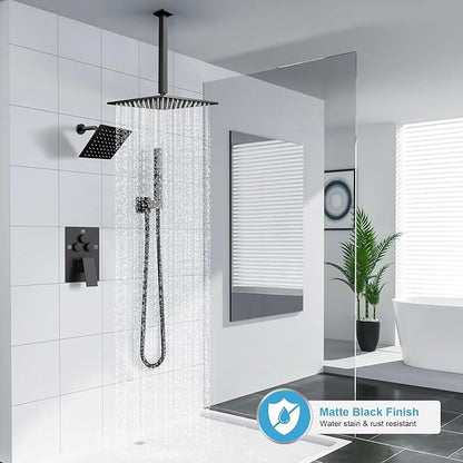 Shower Faucet Set Black Shower System, Ceiling Mount 10 Inch Shower Head With Wall Mount 6 Inch Shower Head and 2 in 1 Handheld Spray, Push Button Diverter Shower Valve Trim Kit Complete