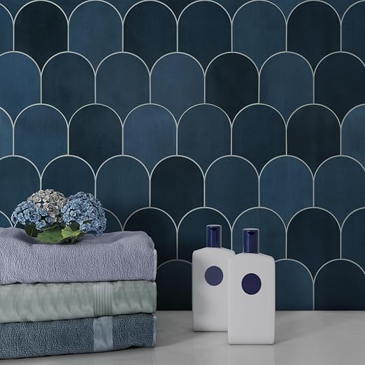 SUNWINGS 10-Sheet Fish Scale Peel and Stick Backsplash Tile, 11.4'' x 10.9" Stone Composite Scallop Handmade Looks Self-Adhesive Wall Tiles for Kitchen Bathroom, Blue