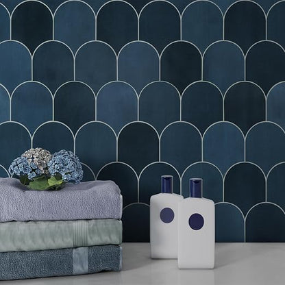 SUNWINGS 10-Sheet Fish Scale Peel and Stick Backsplash Tile, 11.4'' x 10.9" Stone Composite Scallop Handmade Looks Self-Adhesive Wall Tiles for Kitchen Bathroom, Blue