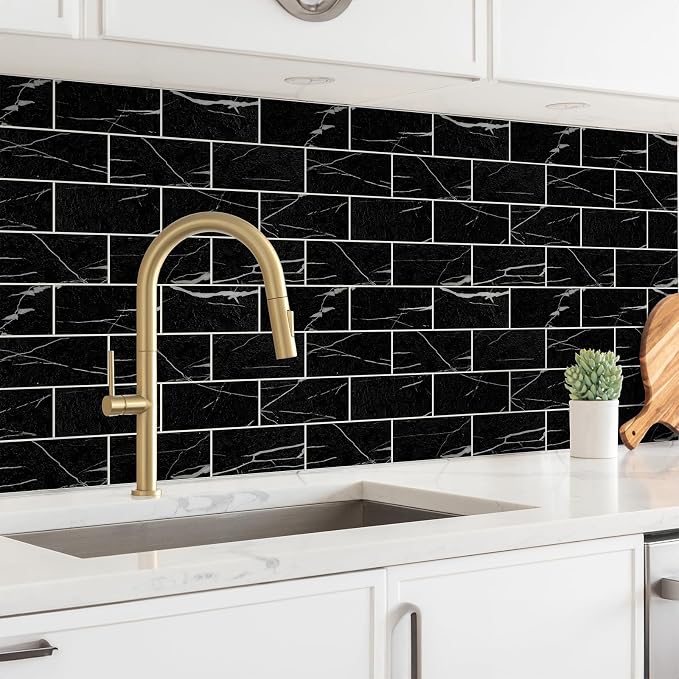 StyloVue 100 Pieces Peel and Stick Backsplash for Kitchen, 3" x 6" PVC Subway Tile Upgraded Nero Marquina with White Grout Backsplash Stick on Tile Elevate Kitchen, Bathroom, Fireplace,RV