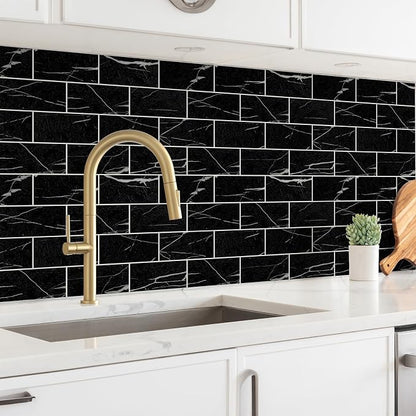 StyloVue 100 Pieces Peel and Stick Backsplash for Kitchen, 3" x 6" PVC Subway Tile Upgraded Nero Marquina with White Grout Backsplash Stick on Tile Elevate Kitchen, Bathroom, Fireplace,RV