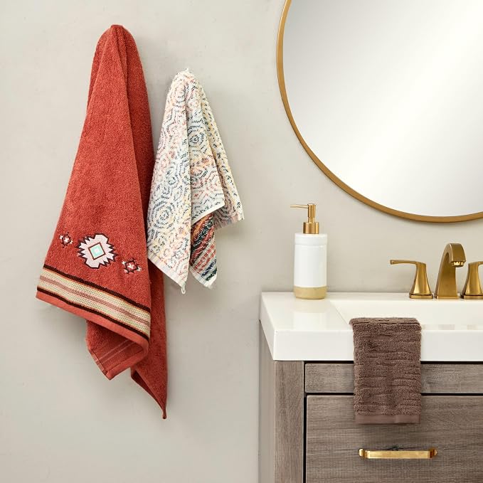 SKL Home Southwest Sunset/Rhapsody Bath Towel Set-6pc, 100% Cotton, Rust | 2 Embroidered bath towels, 2 reversible hand towels, 2 jacquard washcloths. Great for Airbnb/vacation homes/Southwest décor.