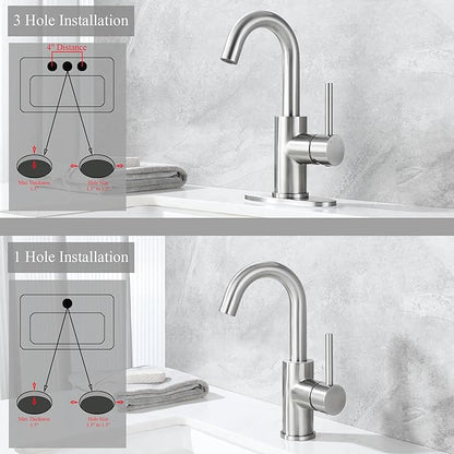 Brushed Nickel Bar Sink Faucet, Wet bar Faucet with 3 Hole Deck Plate and Supply Lines, Stainless Steel Single Handle Faucet for Bar Sink, Bathroom and Mini Kitchen Sink JU1100-BN