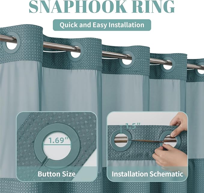 No Hook Waffle Shower Curtain with Snap-in Liner, 71x74 Inch, Seaweed Green | 230 GSM waffle weave fabric, waterproof liner set with 2 bottom magnets, mesh top window, washable, for bathroom or hotel use