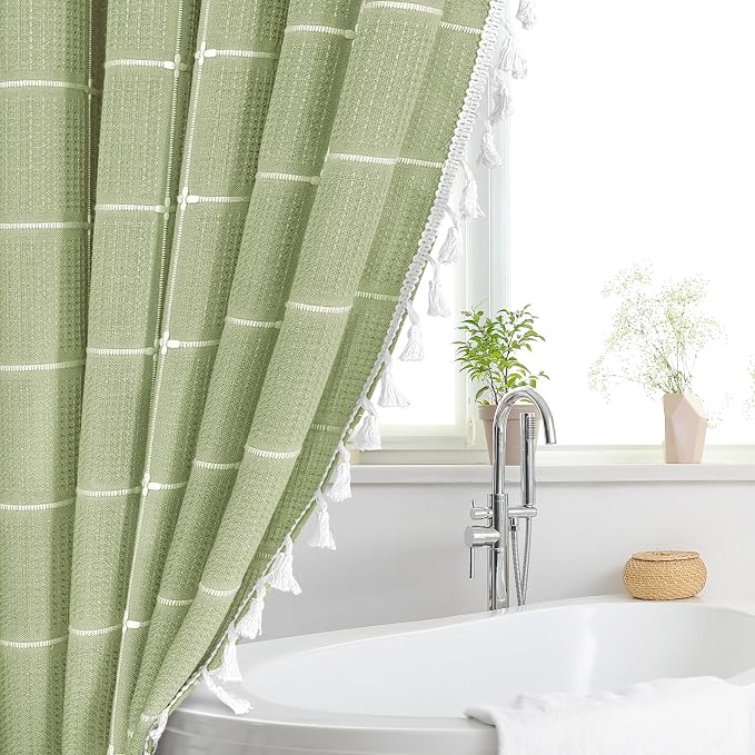 Sage Green Boho Farmhouse Shower Curtain for Bathroom 72x72 | 320 GSM French Country Plaid Tassel Shower Curtain, Rustic Aesthetic Bathroom Decor Windows Curtain