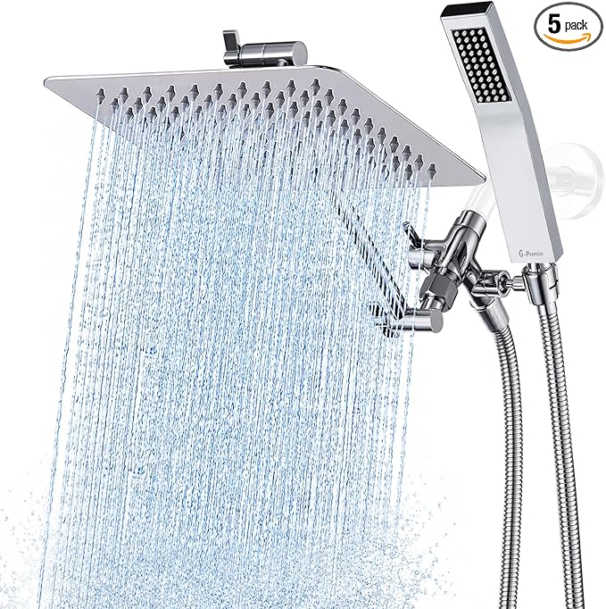 G-Promise All Metal 8" Rain Shower Head with Handheld for Bathroom Upgrade | All Metal, Built to Last, Easy Install, Adjustable Height & Angle for All Heights, Extra Long Hose, Modern Upgrade