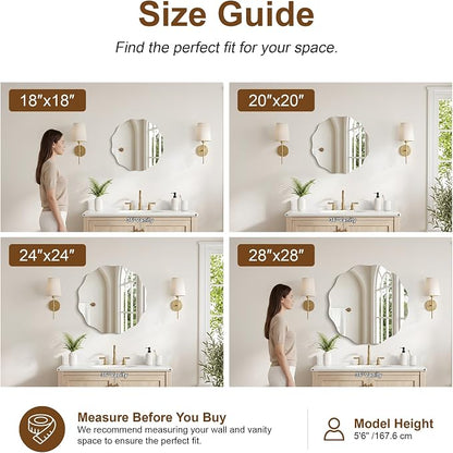 CILIBER Wavy Mirror for Wall, 24'' Scalloped Frameless Round Mirror, 3mm Tempered Glass Decorative Bathroom Vanity Mirror, Mounting/Leaning for Mantel, Living Room, Bedroom and Entryway