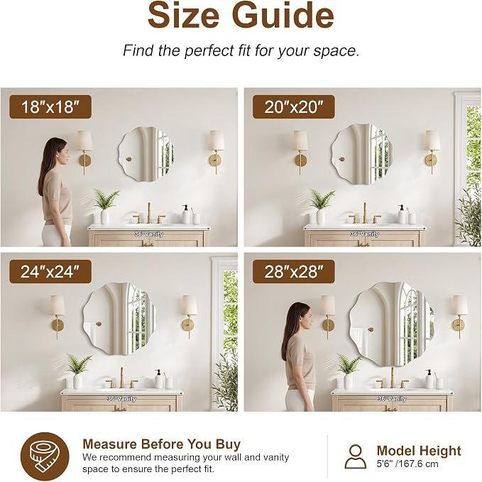 CILIBER Wavy Mirror for Wall, 20'' Scalloped Frameless Round Mirror, 3mm Tempered Glass Decorative Bathroom Vanity Mirror, Mounting/Leaning for Mantel, Living Room, Bedroom and Entryway