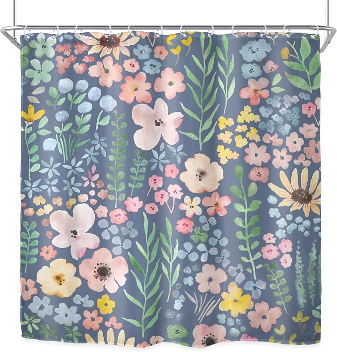 Blue Floral Cute Colorful Kids Girly Spring Art Bathroom Shower Curtain Set | 72"W x 72"H Botanical Plants; waterproof HD print, quick-dry fabric with 12 hooks for easy hanging.
