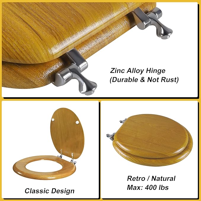 Angel Shield Durable Wood Veneer Natural Toilet Seat Metal Hinged Easy Clean Anti-scratch American Standard(Round,Oak)