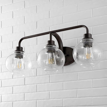 JONATHAN Y 26.25" Oil Rubbed Bronze Farmhouse LED Vanity Light Wall Sconce for Bathroom, Clear Seeded Glass Shade, Industrial Iron Indoor Fixture, LED Bulb Included (JYL7528A)