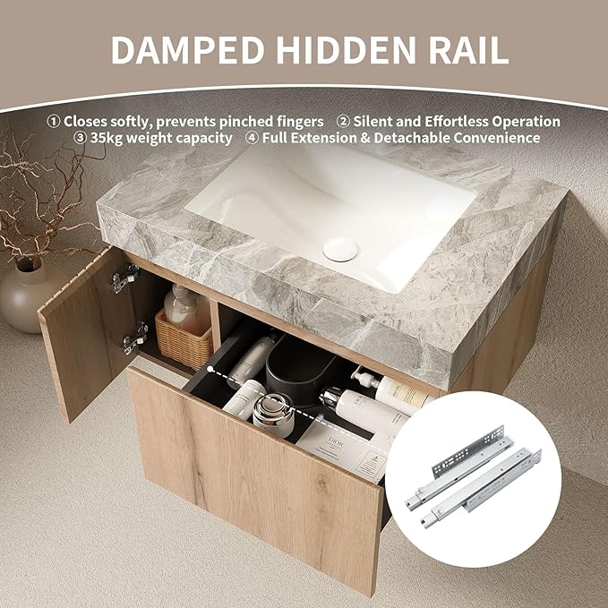 Bathroom Vanity with Sink 30 Inch, Floating Bathroom Vanity Sink Cabinet with Drawer and Door, Undermount Sink & Light Gray Sintered Stone Top, Pre-Assembled, White Oak