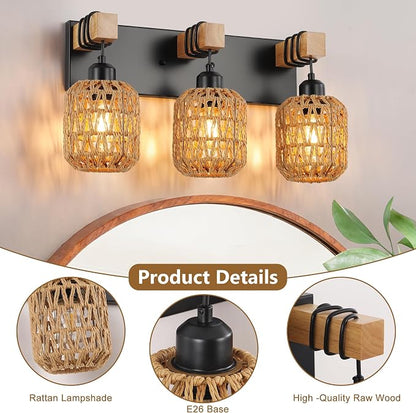 LmnLvn 3-Light Bathroom Vanity Light, Boho Farmhouse Rattan Handwoven Shade | Wood & Metal Frame, Rattan Vanity Light Design, Mounted Over Mirror, Easy To Install for Restroom, Bedroom & Hallway