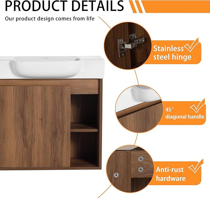 28" Wall-Mounted Bathroom Vanity with Ceramic Sink, 28 Inch Floating Single Sink Vanity Cabinet Modern Brown 1-Door Design with Storage Shelf (Space-Saving for Small Bathrooms)