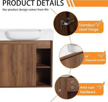 24" Wall-Mounted Bathroom Vanity with Ceramic Sink, 24 inch Floating Single Sink Vanity Cabinet Modern Brown 1-Door Design with Storage Shelf (Space-Saving for Small Bathrooms)