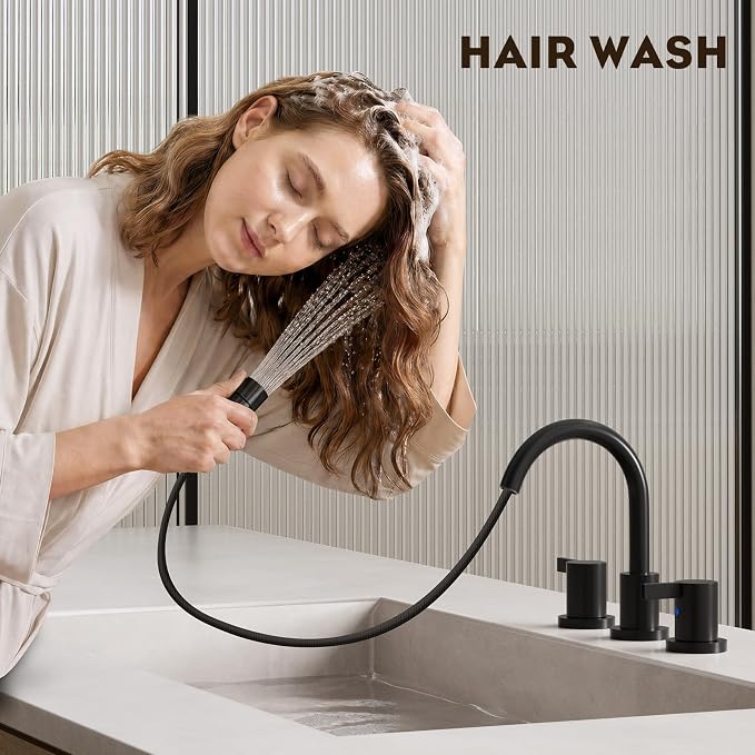 Pull Out Sprayer Matte Black 8 Inch Bathroom Sink Faucet, Widespread 2 Handles 3 Hole Pull Down Bathroom Faucet, with Pop Up Drain and Water Supply Line, BF04022-K01-MB