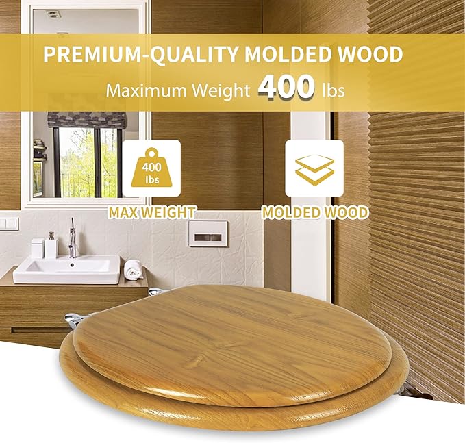 Angel Shield Durable Wood Veneer Natural Toilet Seat Metal Hinged Easy Clean Anti-scratch American Standard(Elongated,Oak)