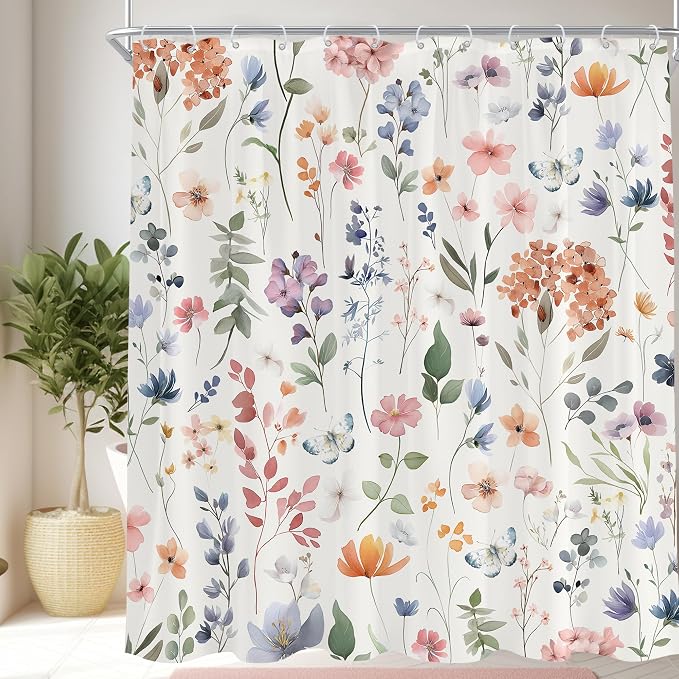 Boho Coral Pink Flower Colorful Wildflower Bathroom Shower Curtain Set | 72"W x 78"H Floral Watercolor; waterproof HD print, quick-dry fabric and plastic hooks for easy setup.