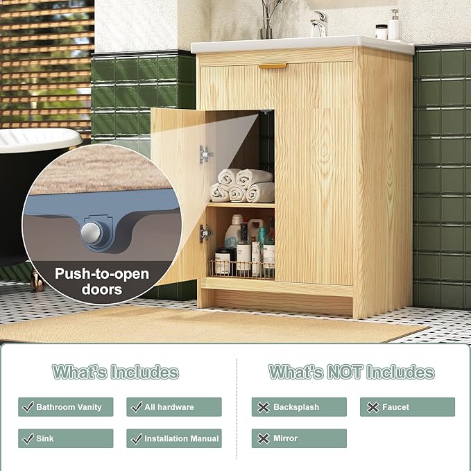 24 Inch Bathroom Vanity with Ceramic Sink, Small Bathroom Sink Cabinet with Fluted Doors and Flip Drawer, Single Sink Bath vanities Combo, Natural Oak (19" D x 24" W x 36" H)