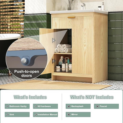 24 Inch Bathroom Vanity with Ceramic Sink, Small Bathroom Sink Cabinet with Fluted Doors and Flip Drawer, Single Sink Bath vanities Combo, Natural Oak (19" D x 24" W x 36" H)