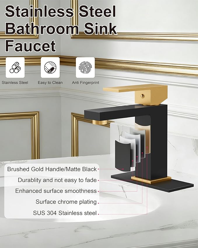 Midanya Bathroom Faucets 1 Hole, Single Handle Stainless Steel Bathroom Sink Faucet, Modern Vanity Faucets with Deck Plate,Water Supply Hoses and Pop Up Drain,Matte Black and Brushed Gold Handle