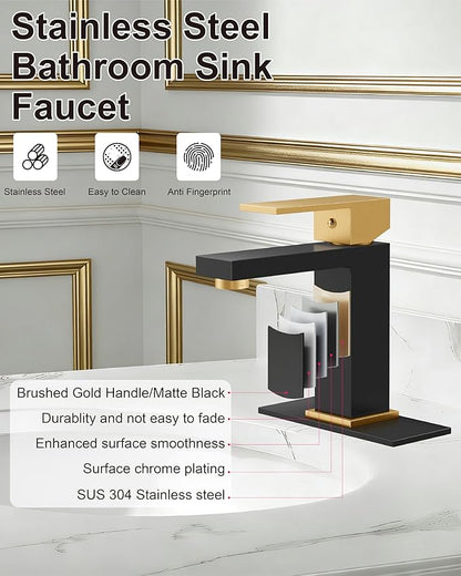 Midanya Bathroom Faucets 1 Hole, Single Handle Stainless Steel Bathroom Sink Faucet, Modern Vanity Faucets with Deck Plate,Water Supply Hoses and Pop Up Drain,Matte Black and Brushed Gold Handle