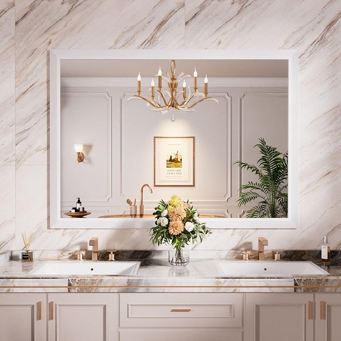 Bathroom Mirror for Wall, 50x36 Inch (White) | HD Reflection, Tempered Glass, Thick Metal Framed Rectangle Mirrors for Over Sink, Vanity, Bedroom, Living Room, Entryway.