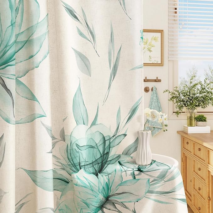 Teal Floral Linen Shower Curtain, Watercolor Botanical Design, 72 x 72 | Boho Floral Design, Watercolor Botanical Style, Ink Painting Flowers & Leaves, Linen Blend Fabric Curtain