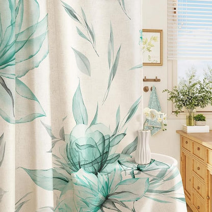 Teal Floral Linen Shower Curtain, Watercolor Botanical Design, 72 x 72 | Boho Floral Design, Watercolor Botanical Style, Ink Painting Flowers & Leaves, Linen Blend Fabric Curtain