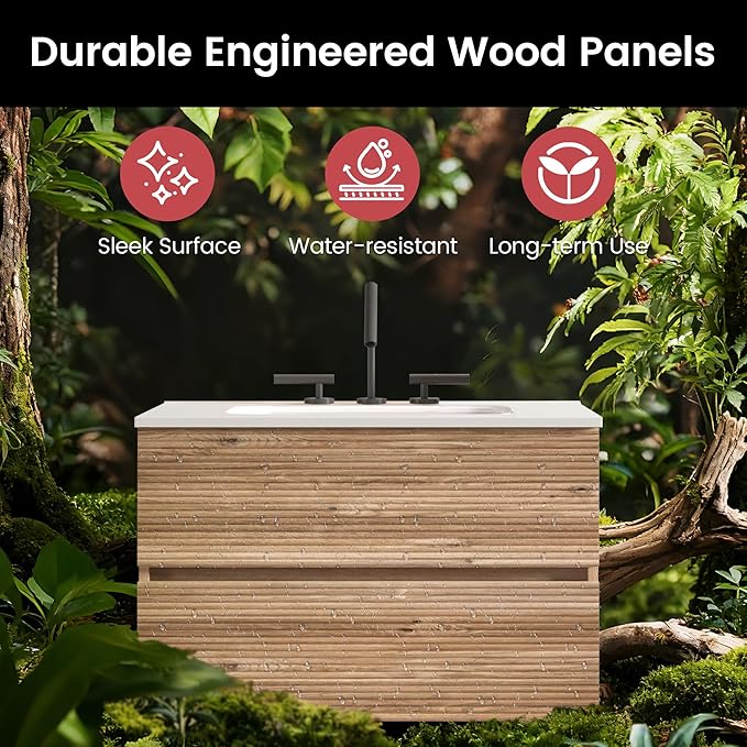 30" Floating Bathroom Vanity with Sink, Modern Wall Mounted Floating Vanity with Ceramic Sink, Double Soft-Close Drawers for Small Space, Apartment, Rough Oak