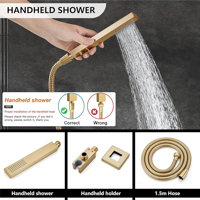 Midanya Rain Shower System with Tub Spout,Tub Shower Faucet Set with rainfall Shower Head and Handheld Spray,Wall Mount Tub Shower Combo Rough-in Valve Included,10 Inch Brushed Gold