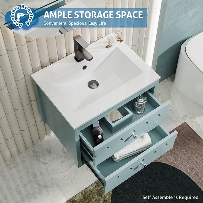 eclife 24" Floating Bathroom Vanity with Sink Combo, Modern Painted Wall-Mounted Vanities Storage Cabinet with Scalloped Decor, Undermount Basin, Faucet, Drain, Blue