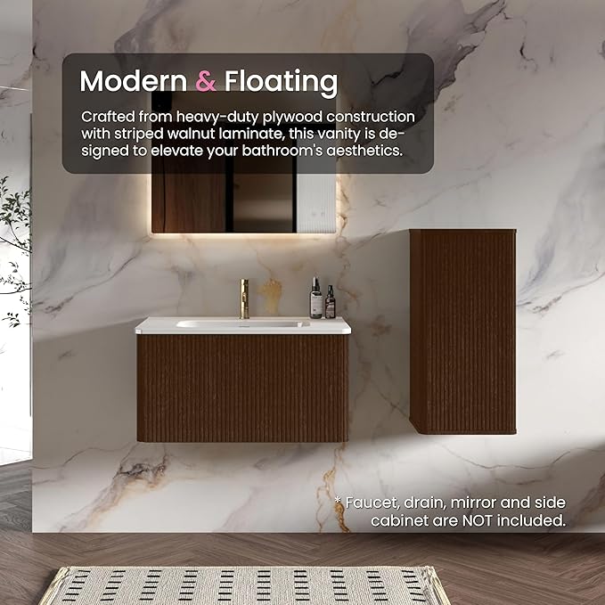 30 Inch Bathroom Vanity with Sink, Modern Floating Vanity with Push Open Soft Close Drawer, Large Storage for Small Space, Brushed Black Oak, Fully Assembled - Camellia Collection