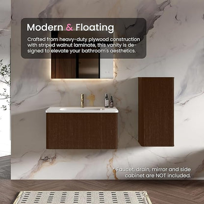 30 Inch Bathroom Vanity with Sink, Modern Floating Vanity with Push Open Soft Close Drawer, Large Storage for Small Space, Brushed Black Oak, Fully Assembled - Camellia Collection
