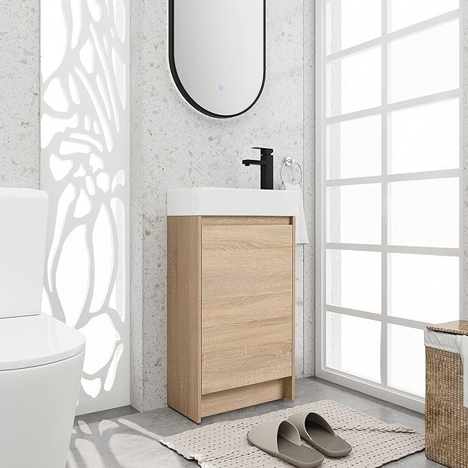 18" Freestanding Bathroom Vanity with Sink, 18 Inch Small Space Storage Cabinet, 1-Door Modern Design with Soft-Close Door & Waterproof Plywood for Apartments, Powder Rooms