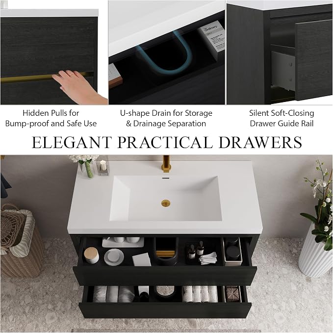 42" Floating Bathroom Vanity with Sink, Wall-Mounted Bathroom Storage Vanity Cabinet with Resin Top Basin and Soft Close Drawers, Fully Assembled, Espresso Wood