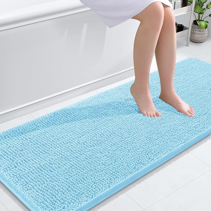 OLANLY Bathroom Runner Rugs 59x24, Extra Soft Absorbent Chenille Bath Rugs | Sky Blue, Quick-Drying Rubber Backing, Washable Long Bath Mat for Bathroom Floor, Tub and Shower, Home Decor Accessories