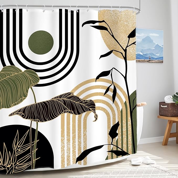 Glawry Green Gold Abstract Mid Century Shower Curtain Boho Retro Tropical Palm Sun Arch Minimalist Bathroom Modern Aesthetic Geometric 60Wx72L Inches Bath Accessories Home Decor Fabric 12 Pack Hooks