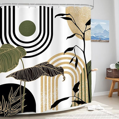 Glawry Green Gold Abstract Mid Century Shower Curtain Boho Retro Tropical Palm Sun Arch Minimalist Bathroom Modern Aesthetic Geometric 60Wx72L Inches Bath Accessories Home Decor Fabric 12 Pack Hooks