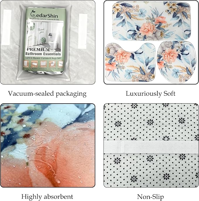 16 PCS Floral Shower Curtain Set with Rugs,72x72 Inch | Flower Bath Curtains, High Absorbent Non-Slip Mats, Thick 120GSM Fabric Curtain with 12 Brushed Metal Hooks,