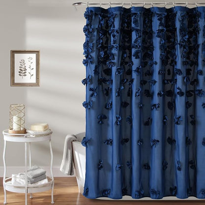 Lush Decor Riley Shower Curtain, 72" W x 72" L, Navy - Bathroom Curtain - Coquette Decor - Bow Shower Curtains - Cottage Core - Fabric Shower Curtains