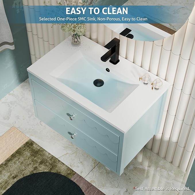 eclife 30" Floating Bathroom Vanity with Sink Combo, Modern Painted Wall-Mounted Vanities Storage Cabinet with Scalloped Decor, Undermount Basin, Faucet, Drain, Blue