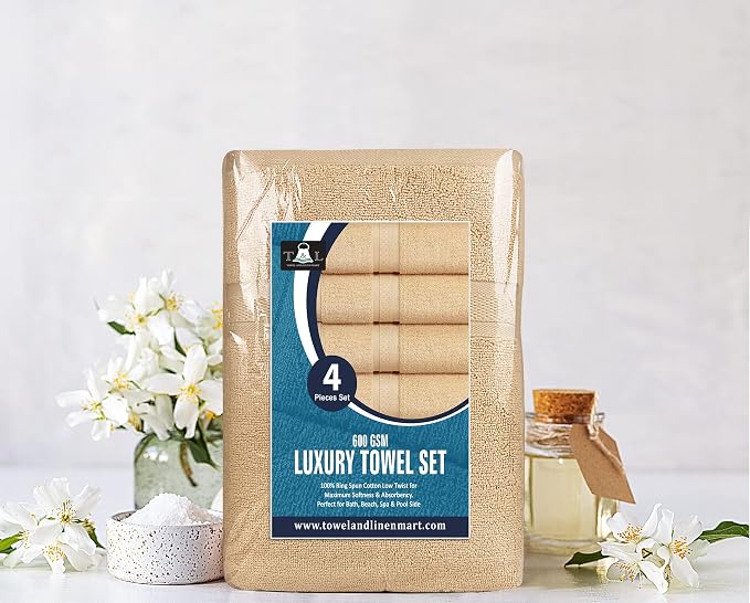 Towel and Linen Mart 4 Pieces Bath Towel Sets - Beige - Soft Feel Luxurious,Quick Dry, Extra Absorbent, 100% Ring Spun Cotton 600 GSM (27 x 54)
