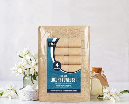 Towel and Linen Mart 4 Pieces Bath Towel Sets - Beige - Soft Feel Luxurious,Quick Dry, Extra Absorbent, 100% Ring Spun Cotton 600 GSM (27 x 54)