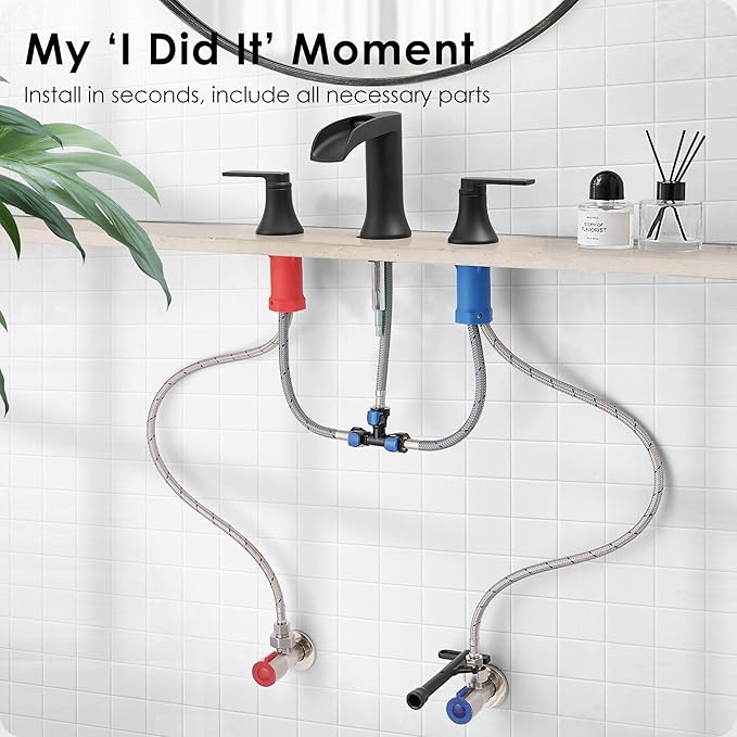 Matte Black Widespread Bathroom Sink Faucet 3 Hole, 8 Inch Waterfall Faucet for Bathroom Sink with Pop-Up Drain and cUPC Supply Lines, 2 Handles for Vanity Lavatory Restroom, Brass Material