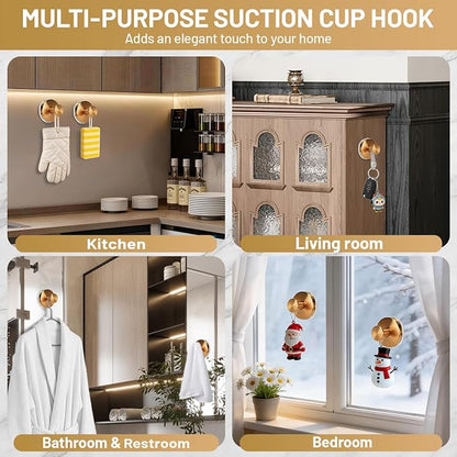 Suction Cup Hooks for Shower No-Drill Bathroom Hooks for Towels, Robes, Loofah Mountable on Bathroom Walls, Kitchen, Glass, Mirrors, Tile and Smooth,Non-Porous Surfaces (2, Champagne Bronze)